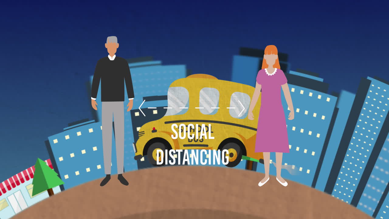 hombre y mujer iconos manteniendo la distancia social contra el autobús escolar en movimiento