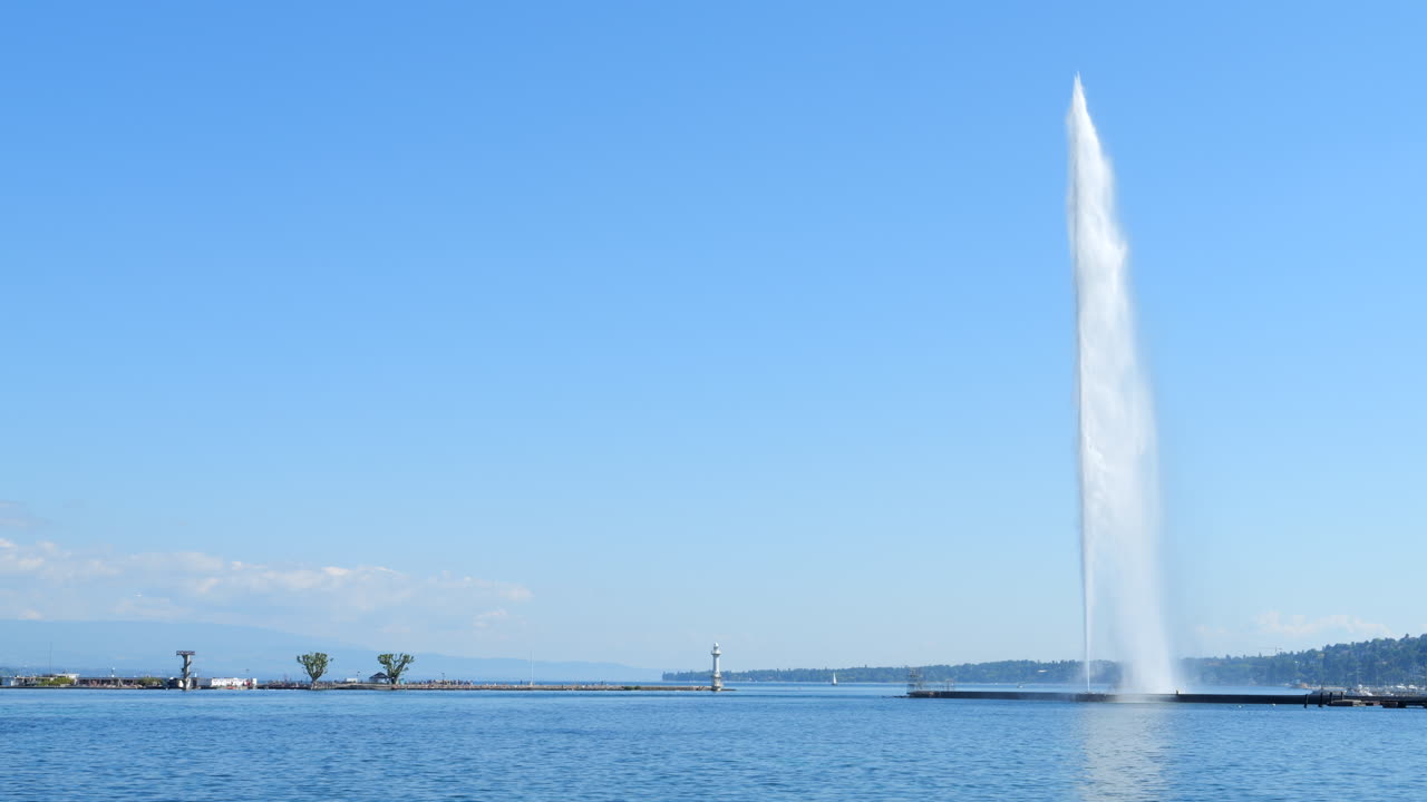 Jet d'Eau Water Fountain on Lake Geneva on a Sunny Day with Blue Sky