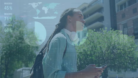 animación del procesamiento de datos financieros sobre un hombre biracial usando un teléfono inteligente