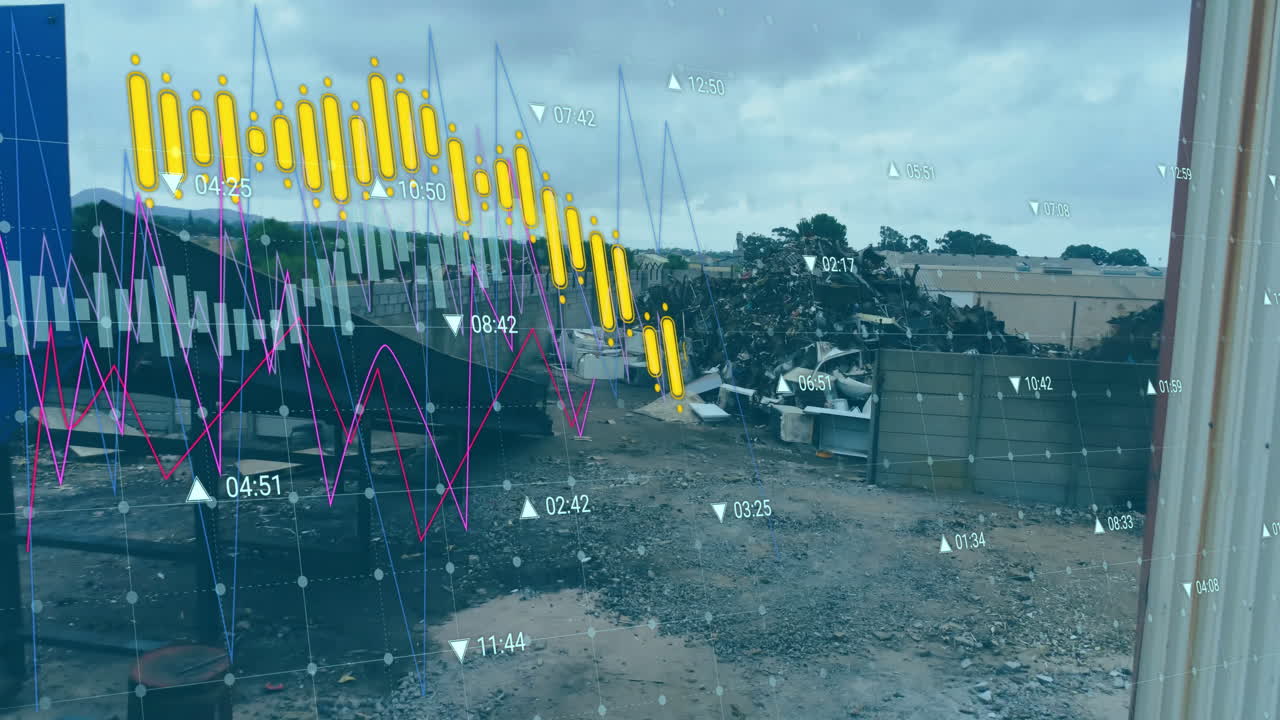 animación de gráficos de datos financieros sobre el depósito de chatarra industrial con montones de escombros metálicos