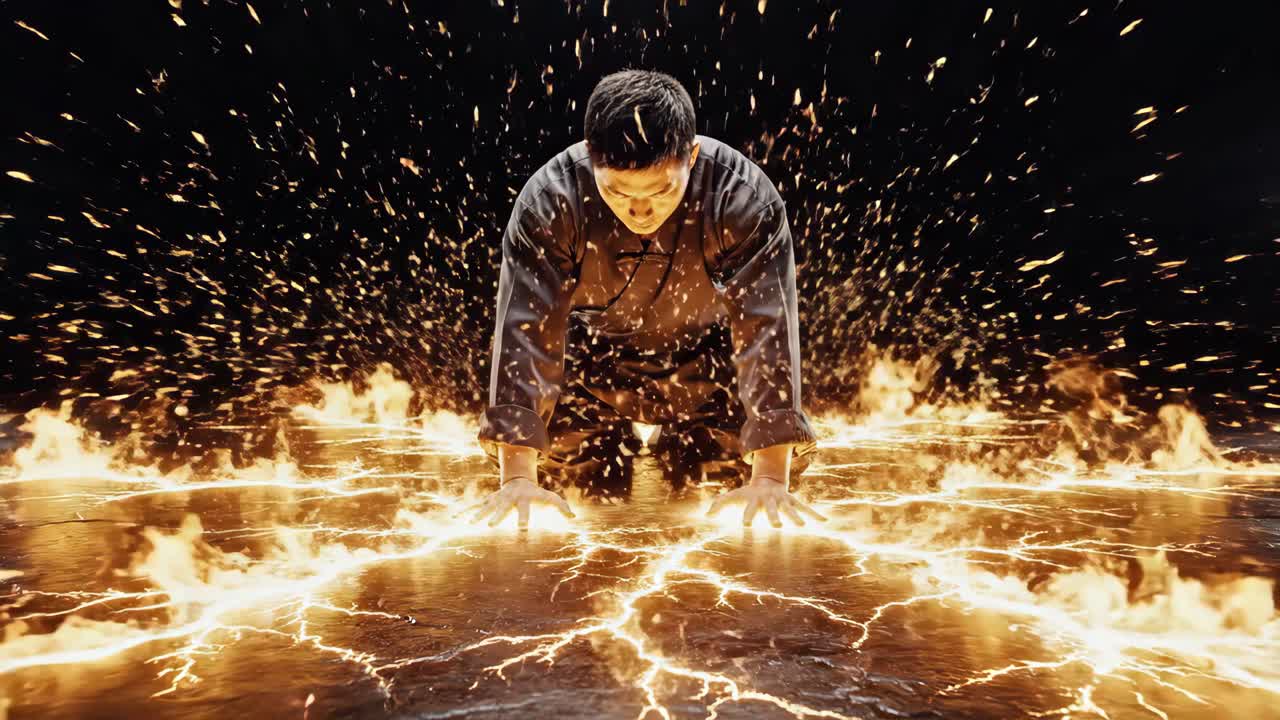Man kneeling with fire energy