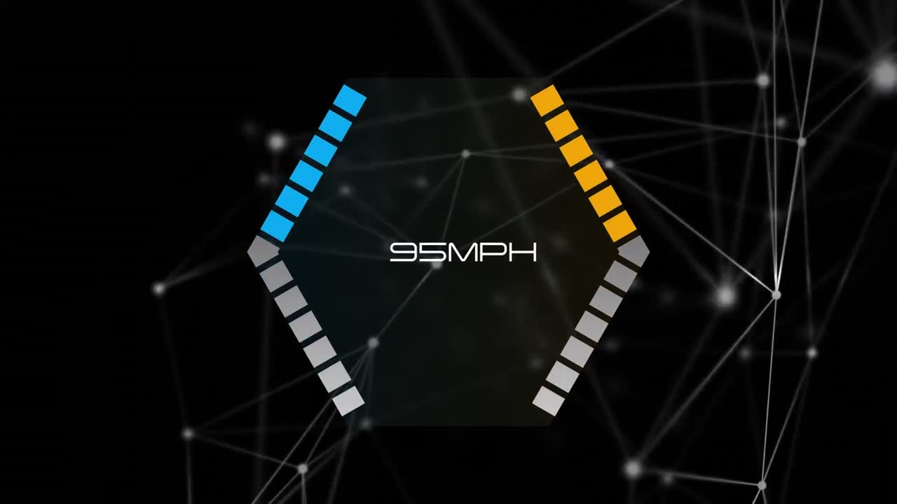 aumento del velocímetro sobre una pancarta hexagonal sobre una red de conexiones contra un fondo negro