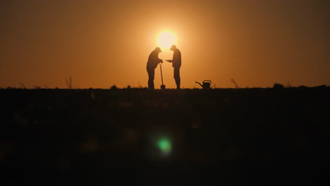 agricultores trabajando en un campo al atardecer