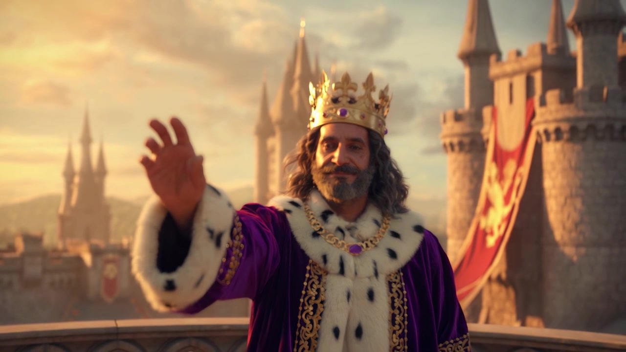Rey majestuoso con corona y túnica saludando y señalando desde el castillo