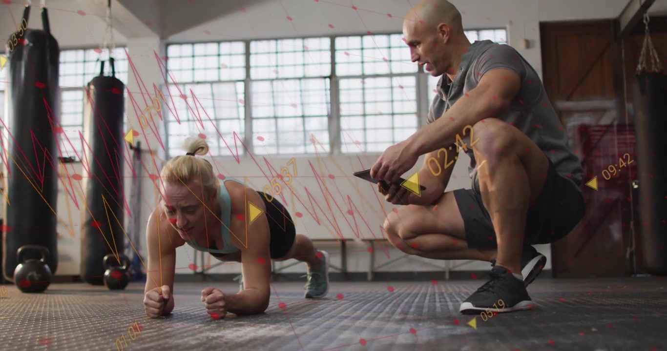 Trainer tapping phone and timing fitness plank, woman making small shifts while red lines animating