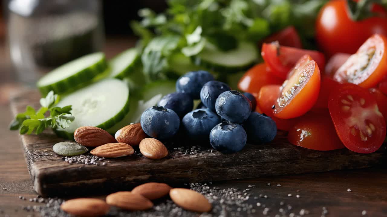 Fresh cucumber slices, cherry tomatoes, blueberries, almonds, chia seeds, and parsley scattered on weathered wooden cutting board, highlighting colorful nutritious ingredients