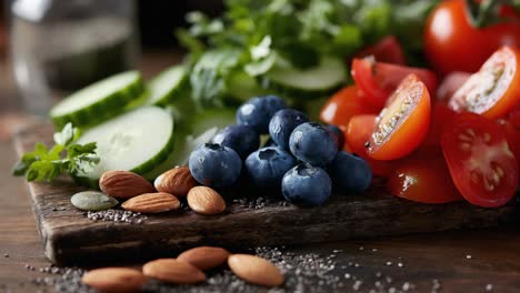 fresh cucumber slices, cherry tomatoes, blueberries, almonds, chia seeds, and parsley scattered on weathered wooden cutting board, highlighting colorful nutritious ingredients