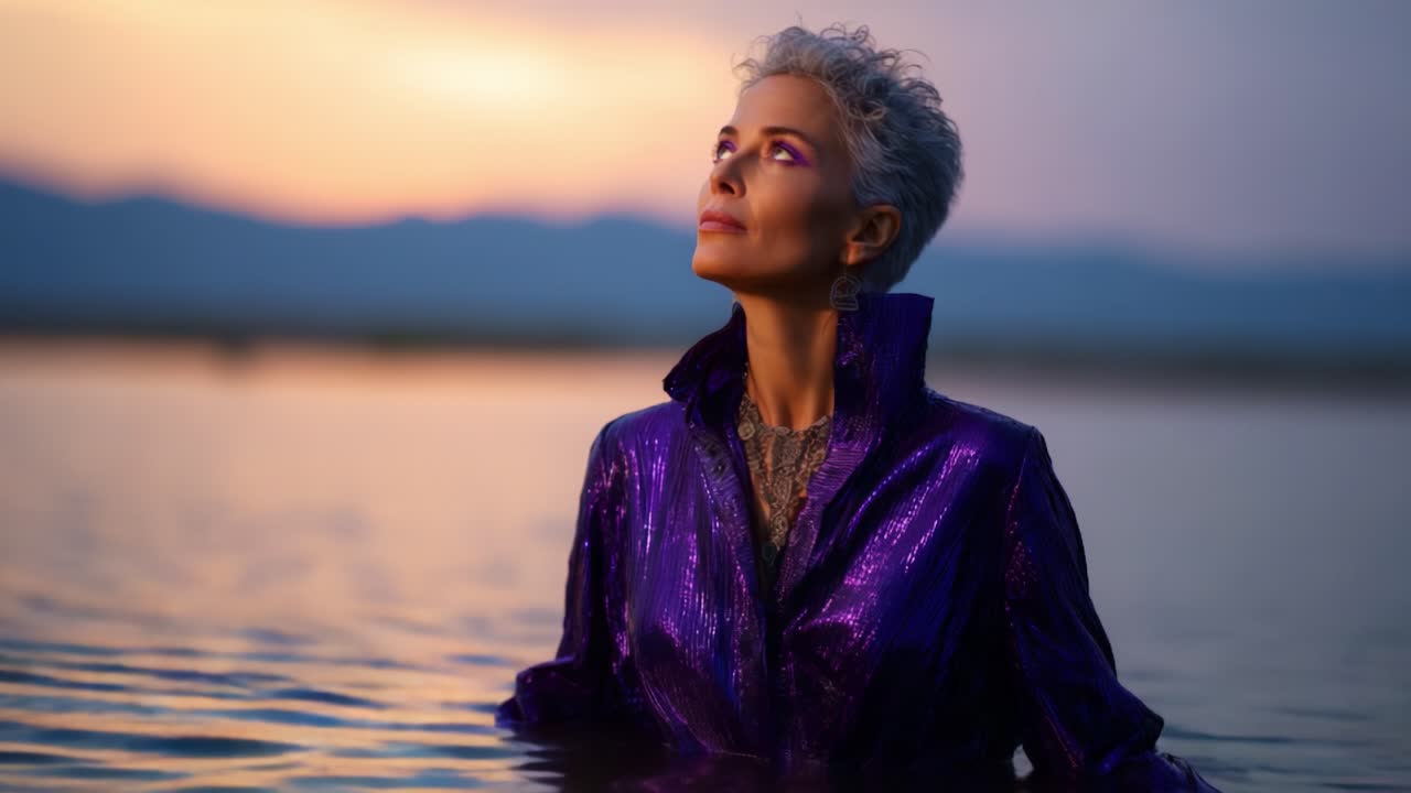 Un ritratto affascinante di una donna elegante in piedi nell'acqua al tramonto, con indosso una giacca viola scintillante, che emana sicurezza e serenità in un bellissimo paesaggio