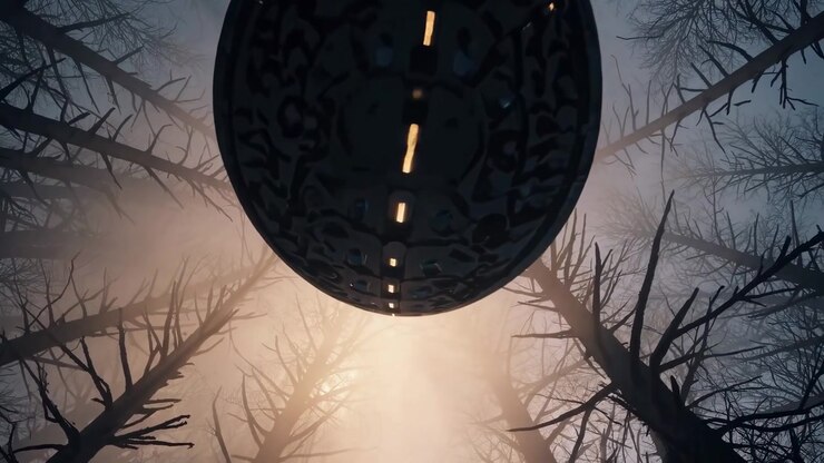 Unidentified Flying Object Hovering Above a Dark Misty Forest