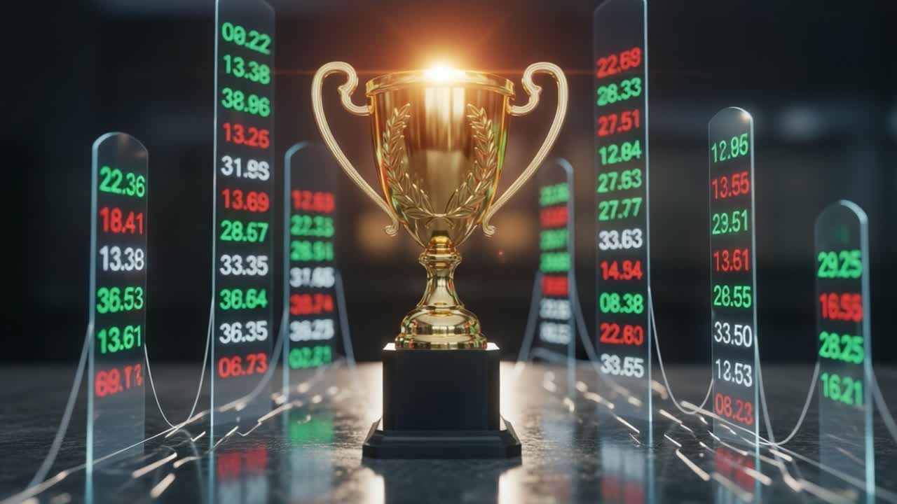 En lyxig trofé som symboliserar framgång och prestation mitt ibland aktiemarknadsdata som representerar enorm finansiell tillväxt och investeringsmöjligheter i en modern handelsmiljö