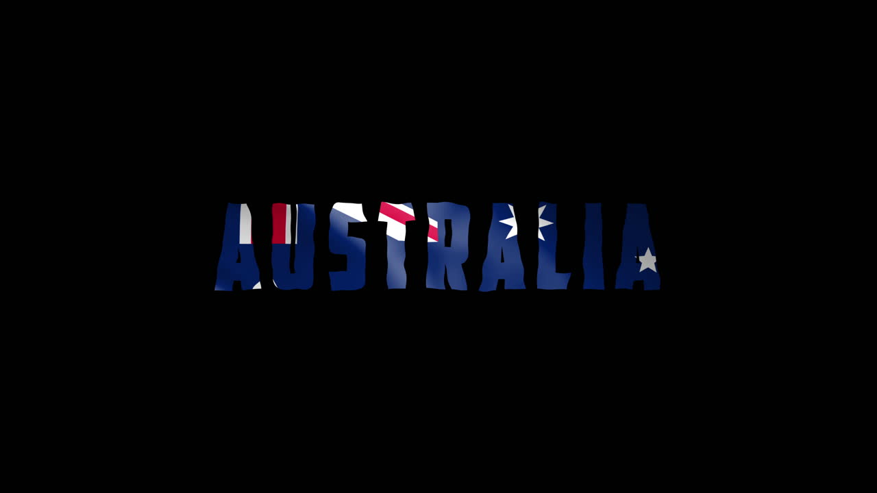 australia país wiggle texto animación letras con su bandera ondeando mezclarse como una textura - fondo negro chroma clave video loopable