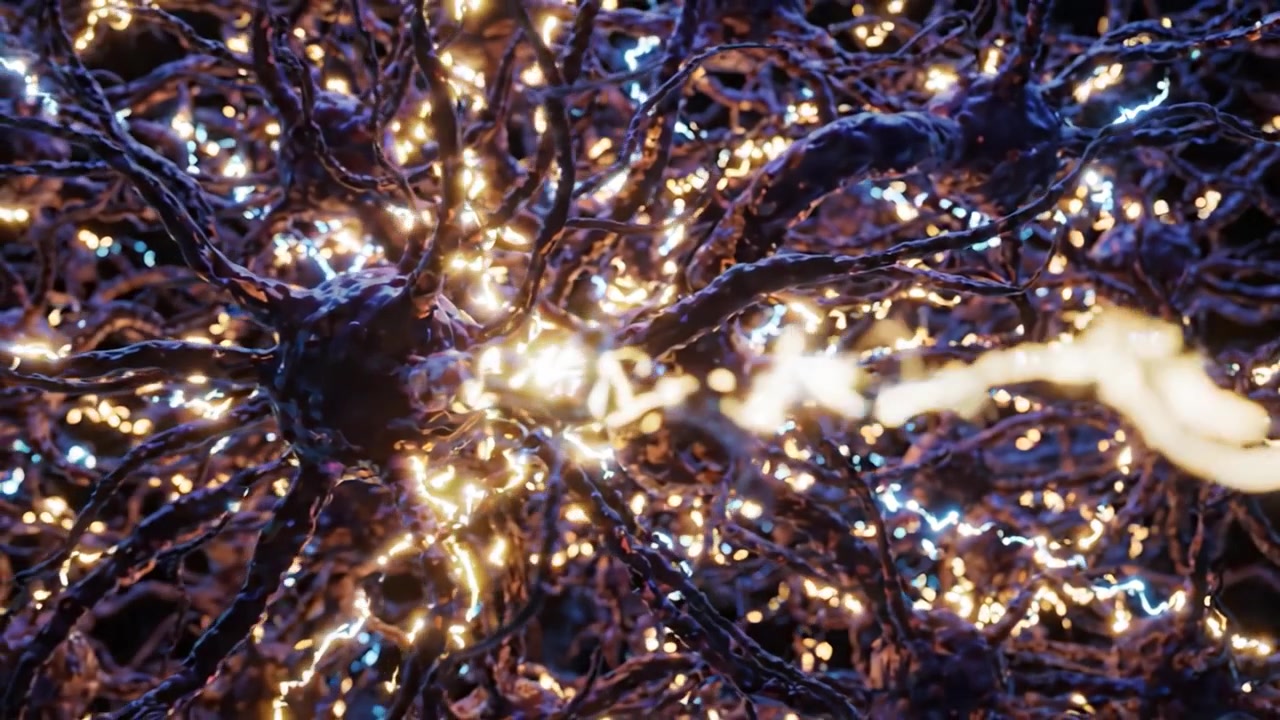 Una straordinaria esplorazione visiva della complessa rete di neuroni illuminata da luci abbaglianti, che mostra le complessità delle connessioni neurali e dell'attività cerebrale.