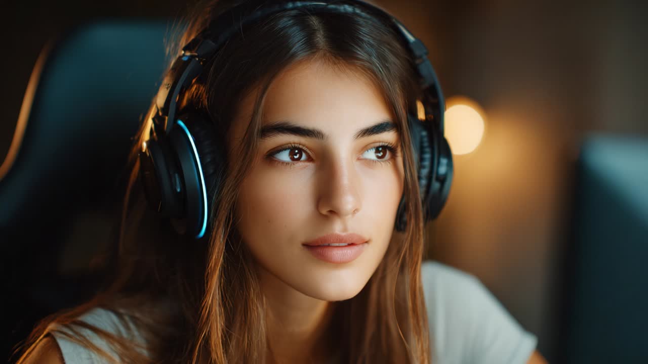 Una giovane donna con cuffie di alta qualità siede concentrata davanti a un computer, mettendo in mostra la sua espressione attenta e il suo coinvolgimento in un'esperienza audiovisiva immersiva in un ambiente accogliente