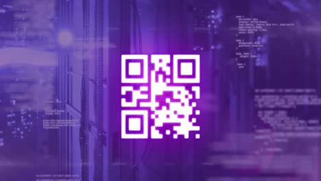 animation of neon qr code with lines over data processing and server room