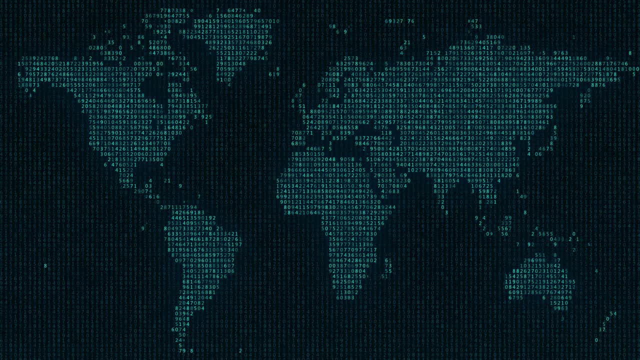 Looping Digital World Map of Binary Code and Numbers on Futuristic Global Network Background