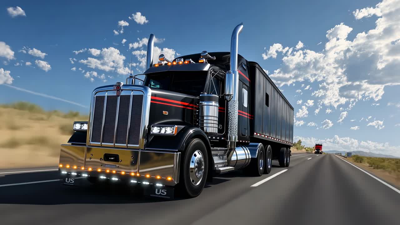 Pengambilan gambar sudut rendah yang dinamis dari truk semi hitam ramping di jalan raya, menekankan kecepatan dan kekuatan.