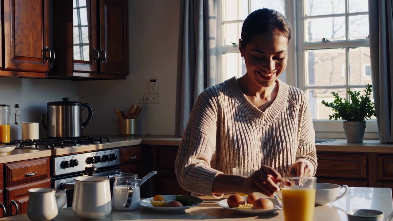 Donna sorridente che prepara la colazione in una cucina soleggiata