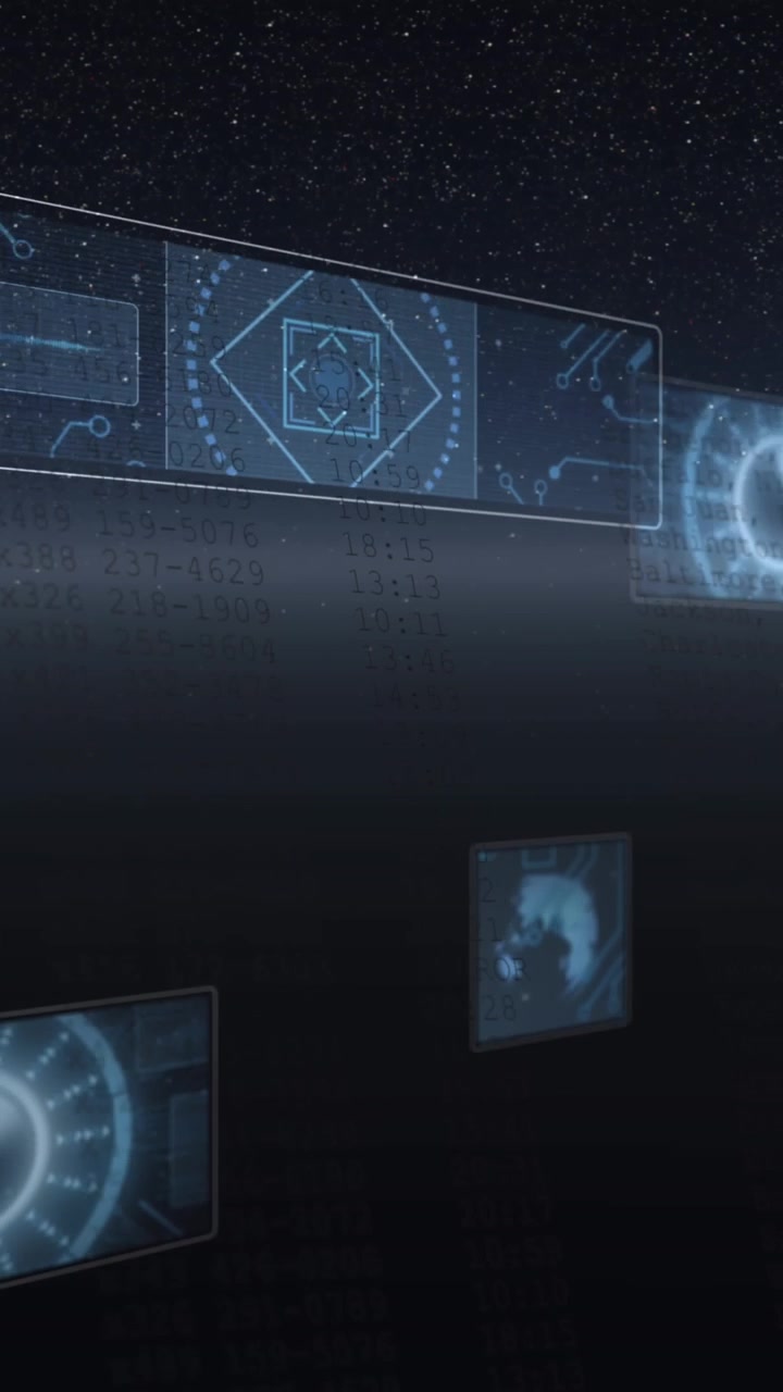Animation of screens with round scanner and data processing against space