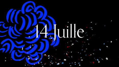 14 juillet text over blue abstract shapes and confetti animation