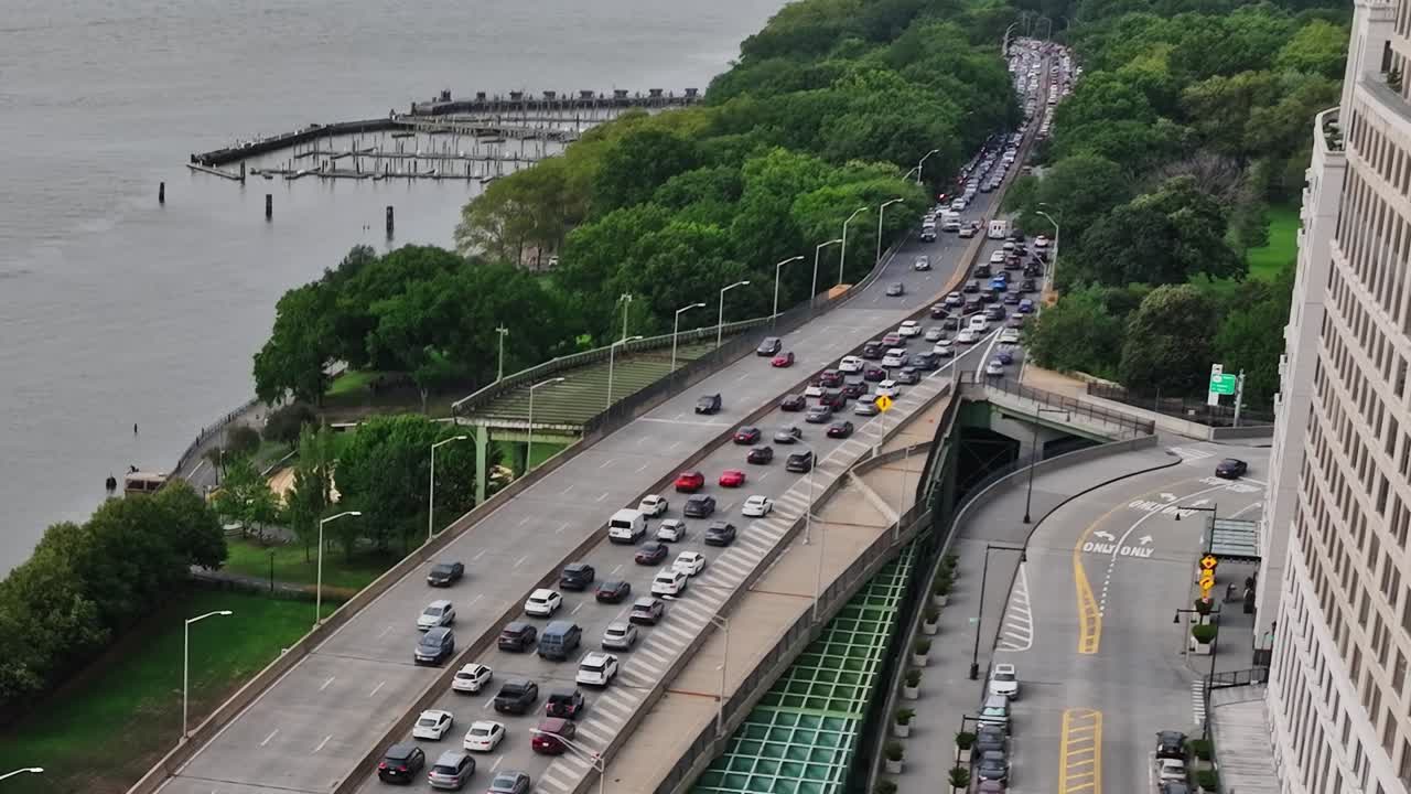 Busy road traffic along the Hudson River in New York City from above