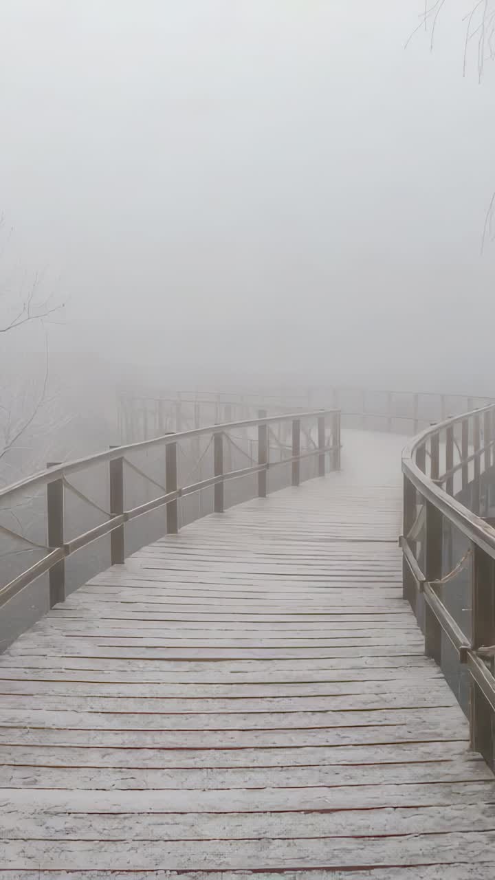 Vertical video: Advancing camera moving along curved wooden boardwalk in foggy wetland, with frost