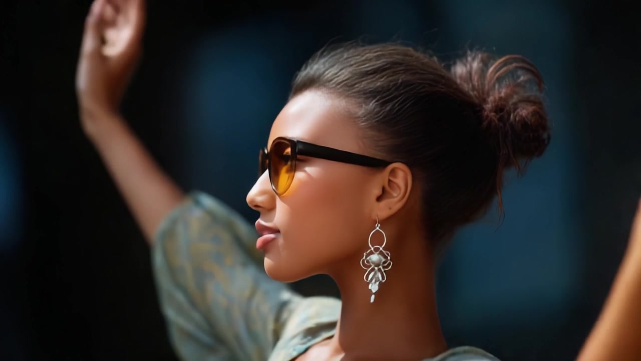 Embracing Freedom: A Stylish Woman in Sunglasses Enjoys the Sun with Grace and Confidence in a Vibrant Outfit, Exuding Joy and Serenity in a Blissful Moment