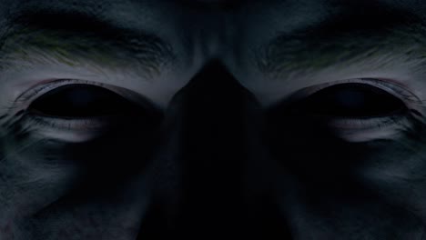 scary menacing gaze of a man with empty black eyes close-up. horror concept. seamless loop character facial animation with cinematic lighting. 3d render