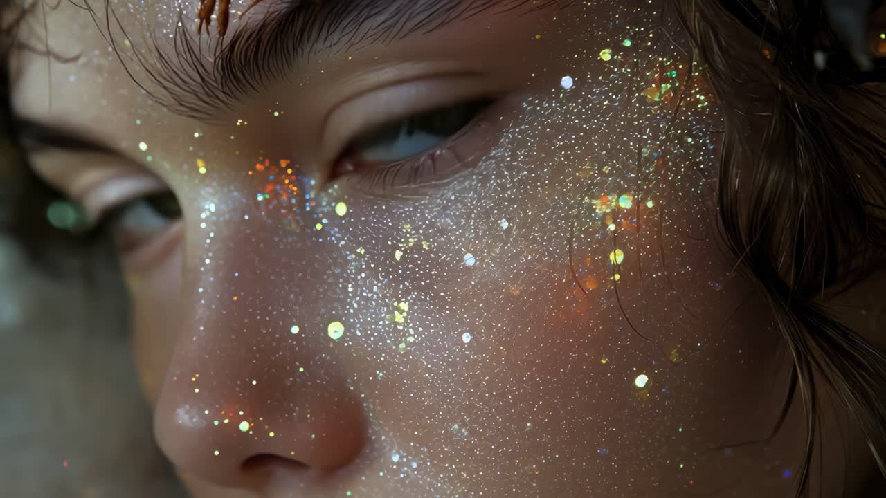 Close up portrait of a young woman with glitter makeup on her face, creating a sparkling and glamorous look, adding a touch of magic and highlighting her facial features