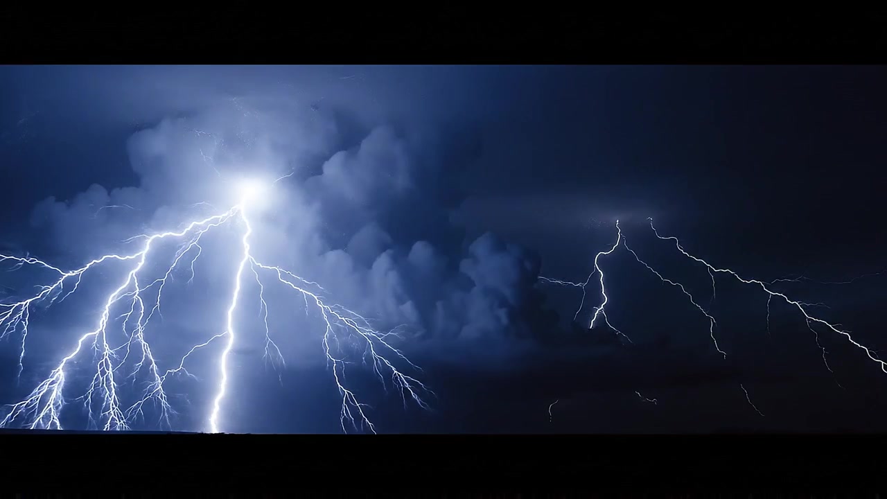Spettacolare fulmine tra nuvole temporalesche scure di notte
