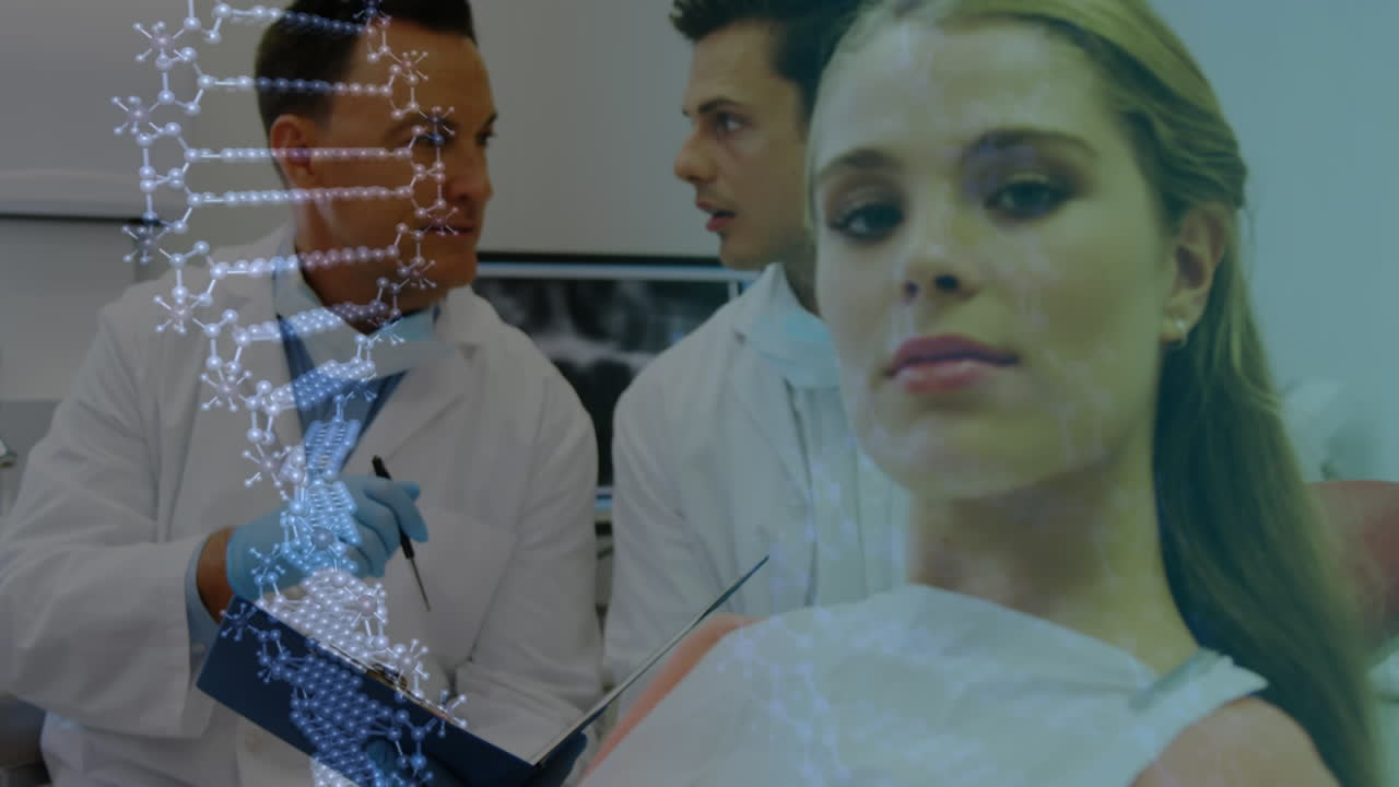 animación de adn con médicos en el fondo