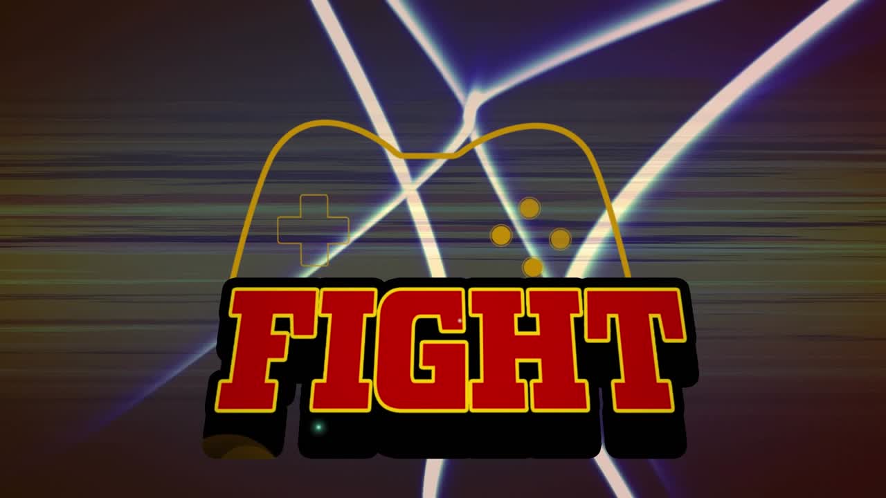 Animasjon av teksten 'Fight' over et gamepad-ikon og former.