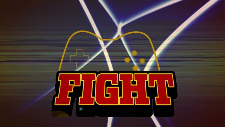 Animazione del testo "fight" sopra un'icona di gamepad e delle forme.