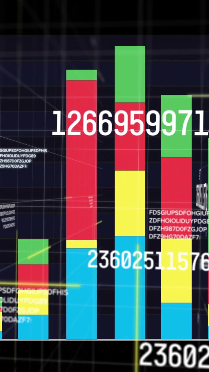 Animación de cuadrícula digital con números flotantes que muestran procesamiento de datos complejo