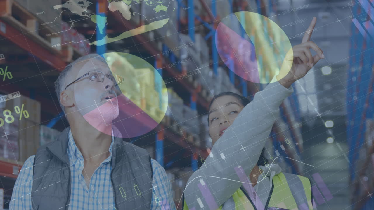animación de estadísticas y procesamiento de datos financieros sobre hombres y mujeres que trabajan en almacenes