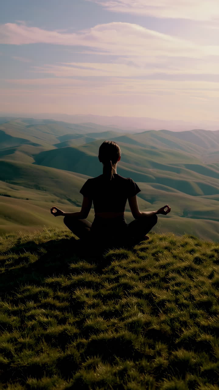 Person Meditating on a Hilltop at Sunset