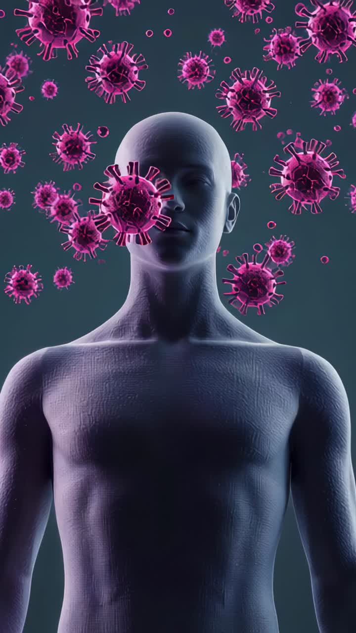 Vertical video: Rushing magenta virus particles nearing bare 3D torso in studio, simulating contact