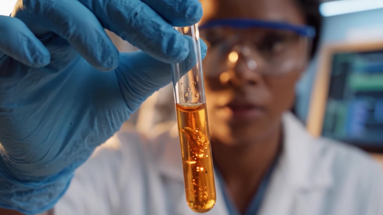 A dedicated lab technician meticulously examines test tubes in a clinical setting, highlighting the importance of precision in scientific research and experiments.