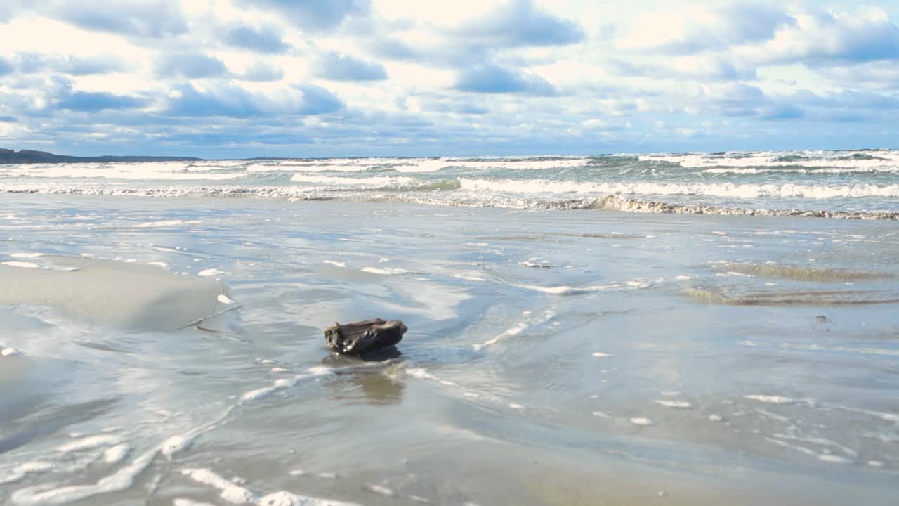 Piece of driftwood at a beach surrounded by ocean sea water waves on the shoreline that are moving in slow motion while bigger waves are splashing and creating white water in the background, cloudy.