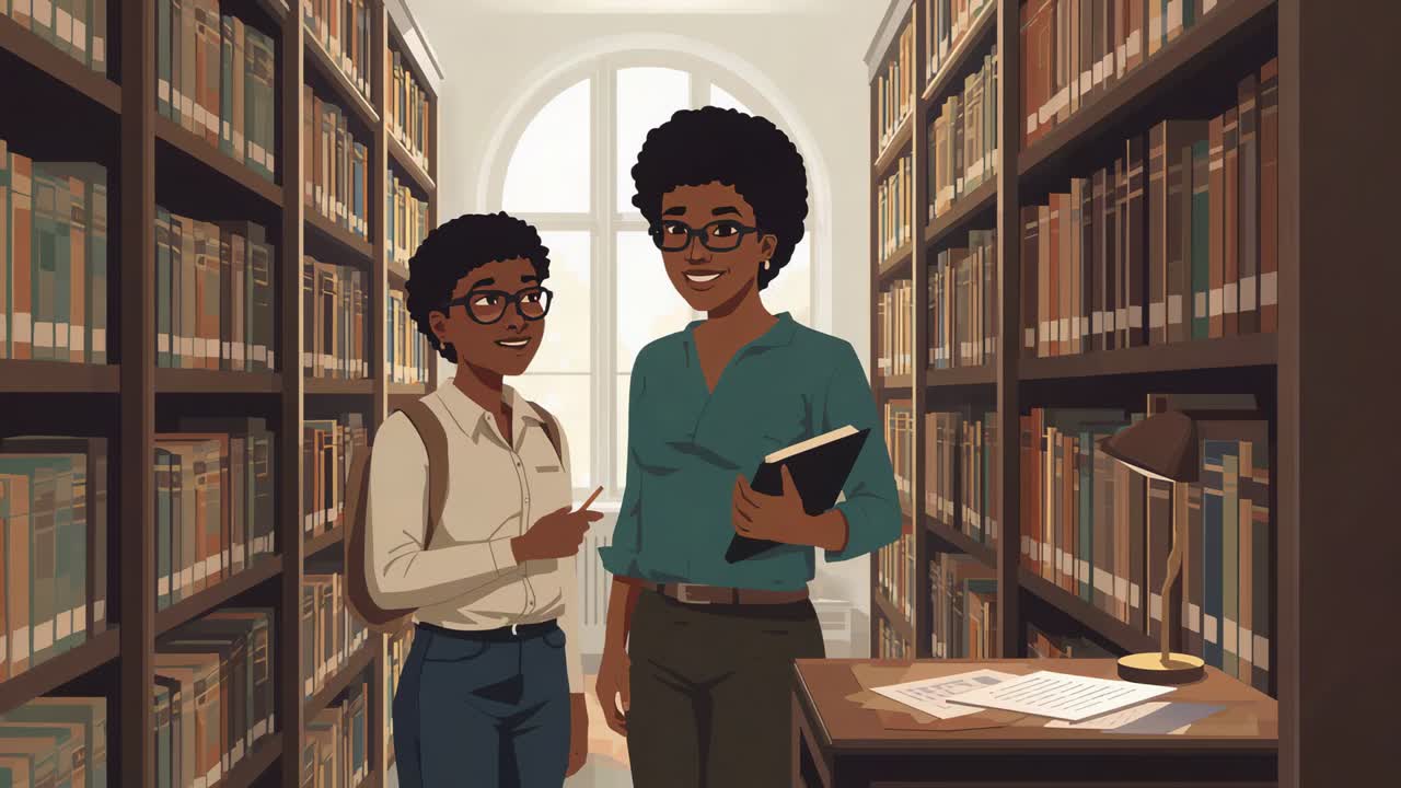 Pointing teen with glasses and pencil asking mentor for help in library aisle, holding closed book