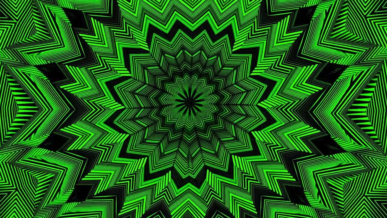 Mandala simmetrico verde neon su sfondo nero profondo, costruito con linee concentriche a stella, anelli a chevron, geometria a zigzag, centro a strisce dense, strati angolari nitidi e un audace contrasto luminoso.