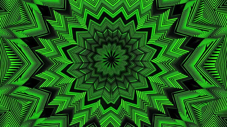 Mandala simmetrico verde neon su sfondo nero profondo, costruito con linee concentriche a stella, anelli a chevron, geometria a zigzag, centro a strisce dense, strati angolari nitidi e un audace contrasto luminoso.