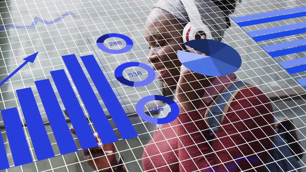 Woman tapping phone causing growing blue data charts overlaying her on white grid for viewing data