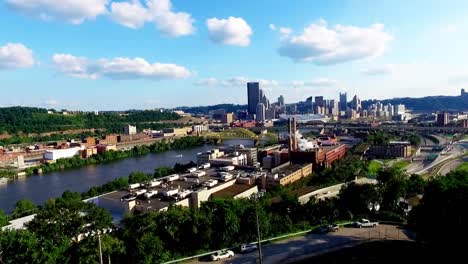 drone rising shot next to the allegheny river from troy hill