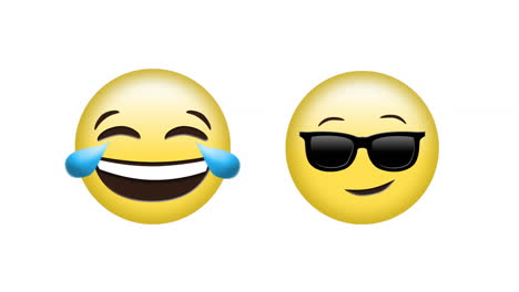animation of laughing and cool looking emoji icons over white background