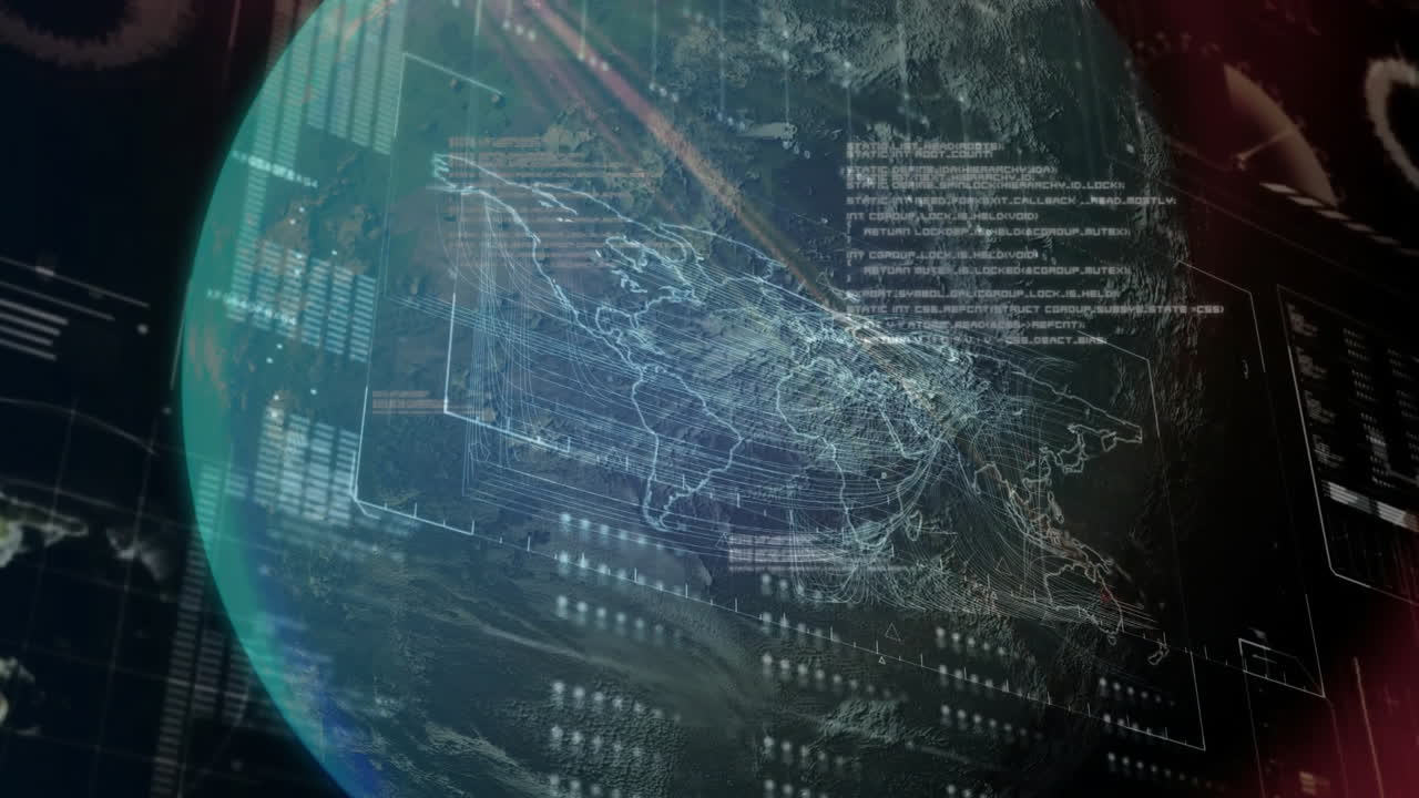 Holographic Earth globe being visualized in HUD, displaying continent maps and data tables