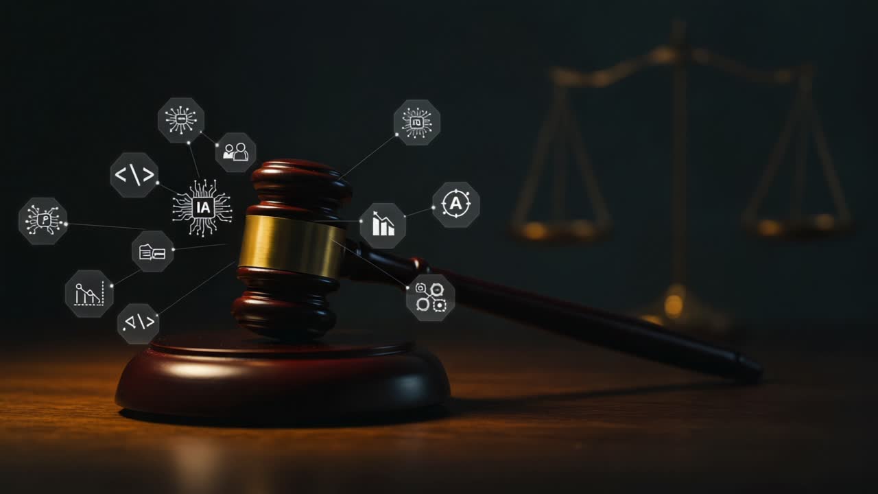 Una rappresentazione simbolica della giustizia: esplorazione dell'intersezione tra diritto e tecnologia con icone digitali che circondano un martelletto su una scrivania