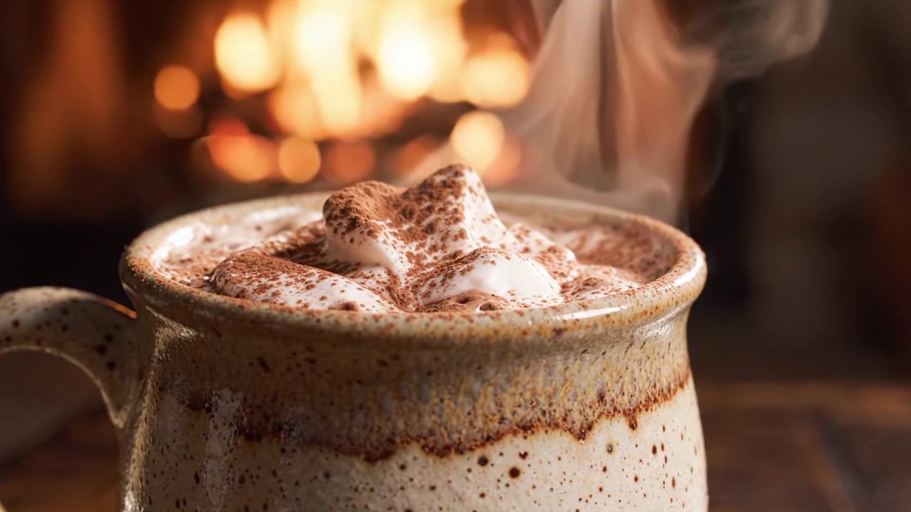 Un momento acogedor: Disfrutando de una cálida taza de chocolate caliente con crema batida, perfecto para reunirse alrededor de una chimenea rústica en una tarde fría