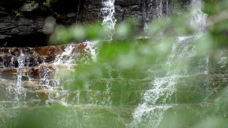 hermosa cascada dentro de un bosque vista a través de hojas
