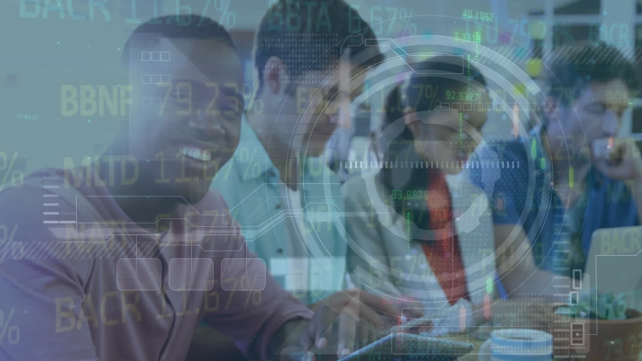 Animation of stock market data processing over african american man with digital tablet smiling