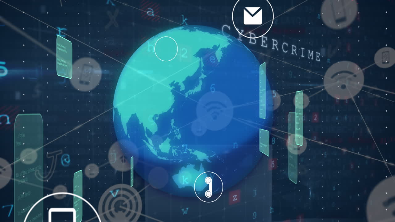 전 세계에 연결된 아이콘, 컴퓨터 언어, 텍스트, 글자, 숫자 및 기호의 애니메이션